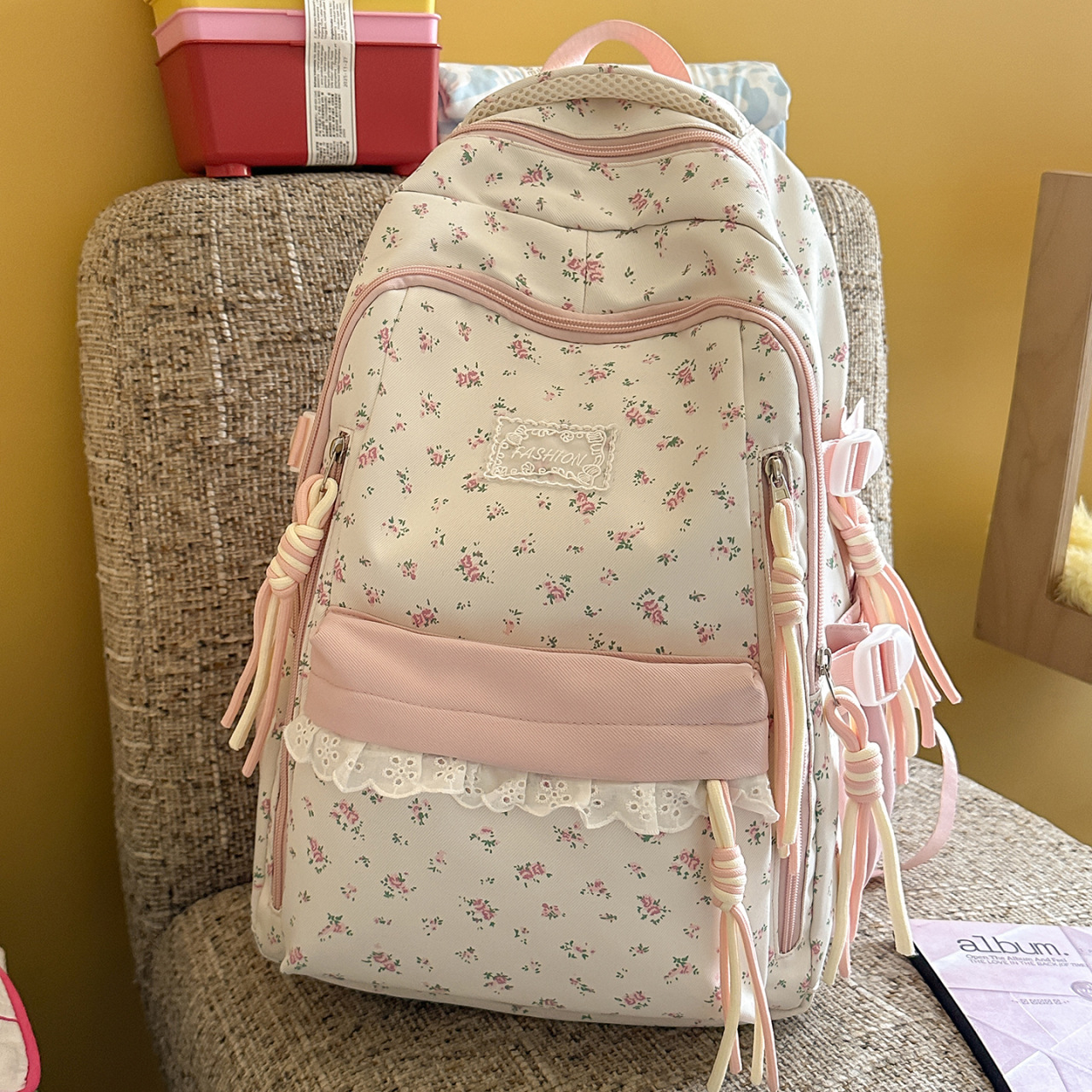 Floral High Styling Contrast Color Large Capacity Backpack
