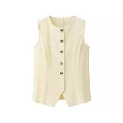 Retro Crew Neck Sleeveless Vest Waistcoat High Waist Pleated Casual Shorts Suit - Top-M - View 1