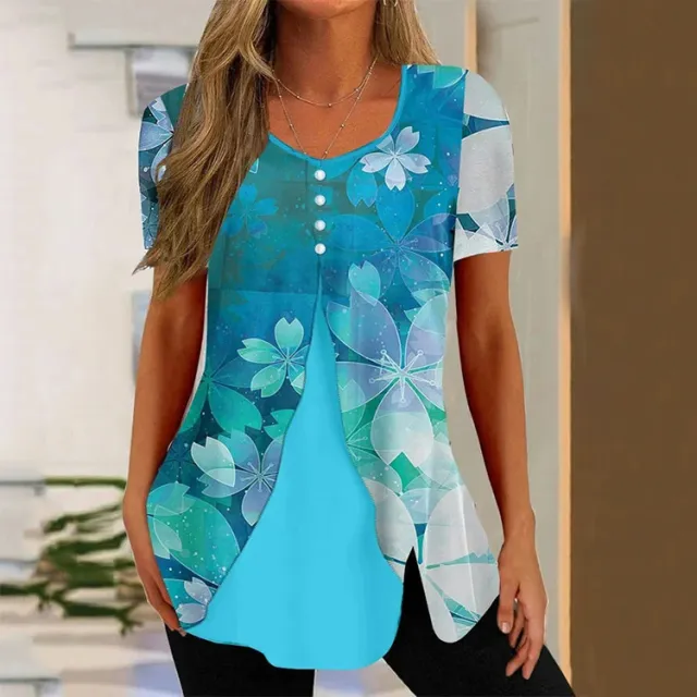 Summer New Women's Round Neck Printed Fake Two Pieces Short Sleeve Shawl Pullover T shirt Tops Lake Blue - Shop at LoveMi
