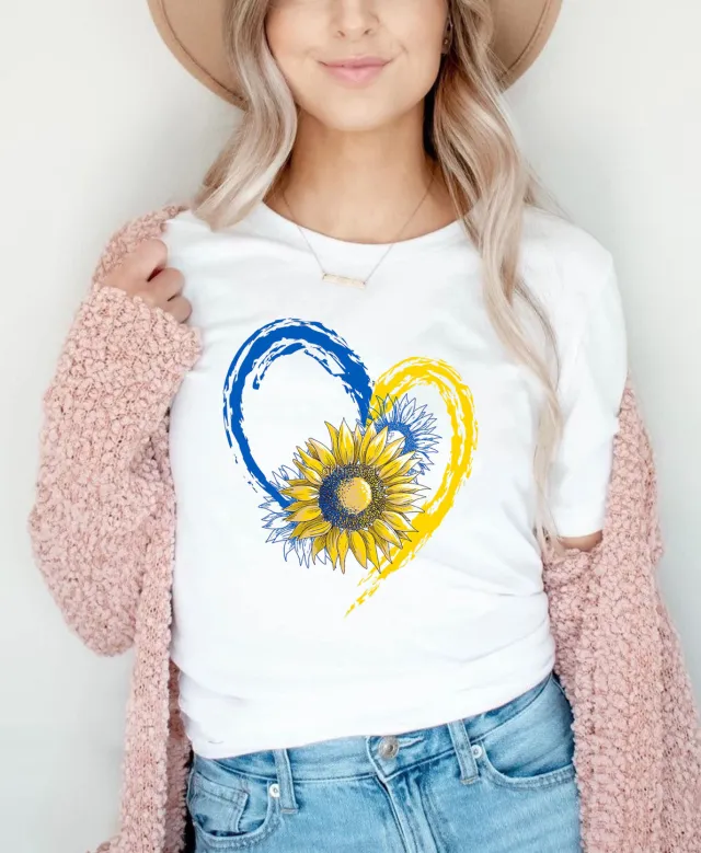 European And American Fashion Tops shaped Blue And Yellow Heart Printed Round Neck Short Sleeve White 2 - Shop at LoveMi