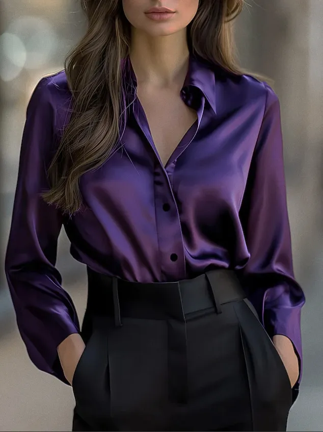 Solid Color Fashion Elegant Long Sleeve Button Shirt Women's Clothing Purple - Shop at LoveMi