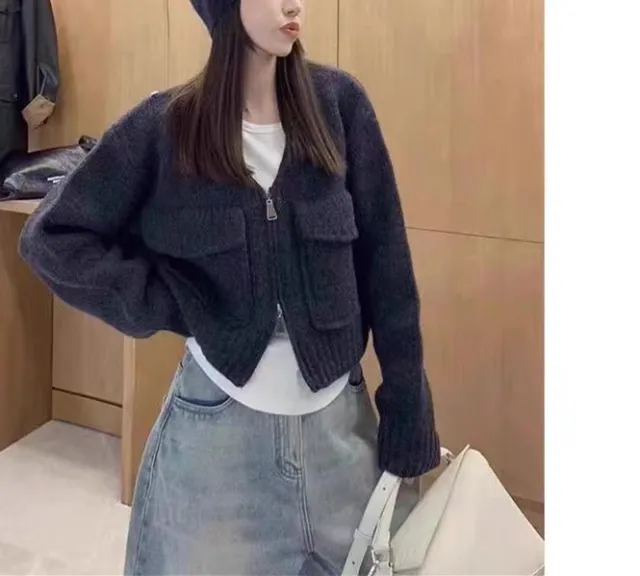 Zipper Lazy Casual Loose Knitted Cardigan Fashionable Jacket Sweater Black - Shop at LoveMi
