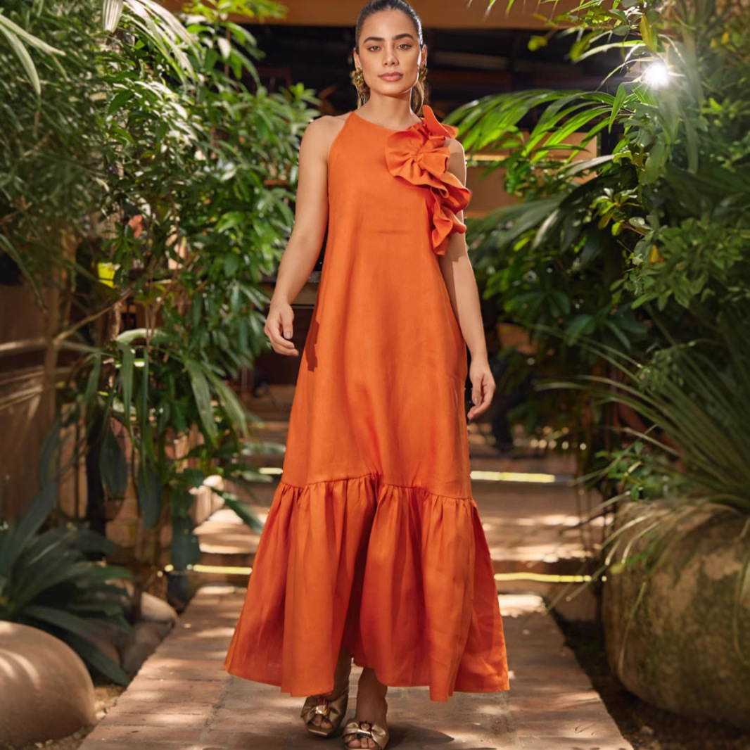 Ruffled-Trim Round-Neck Sleeveless Fashionable Casual Dress