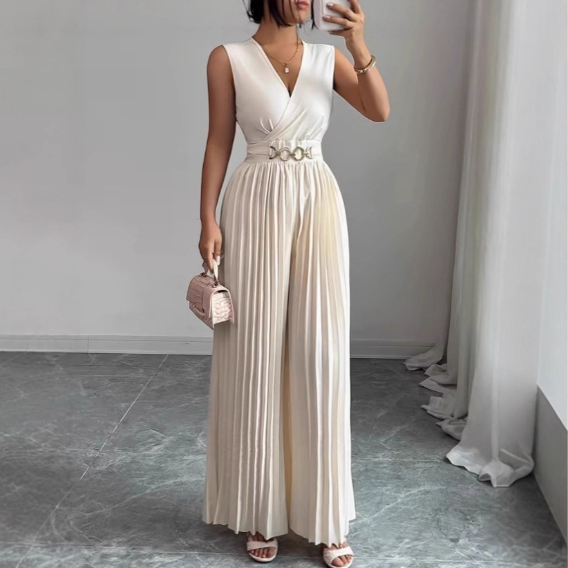 French-style Blazer-collar Jumpsuit Chic Solid-color V-neck