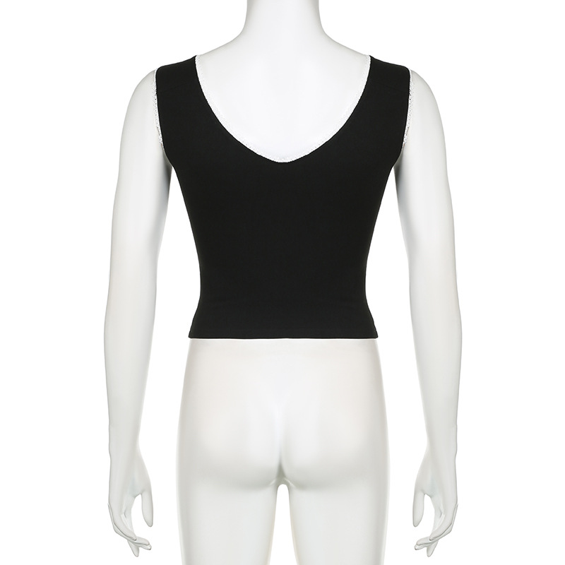Trendy Sweet And Spicy Style Sexy V-neck Bow Stitching Contrast Color Slim Fit Vest T-shirt