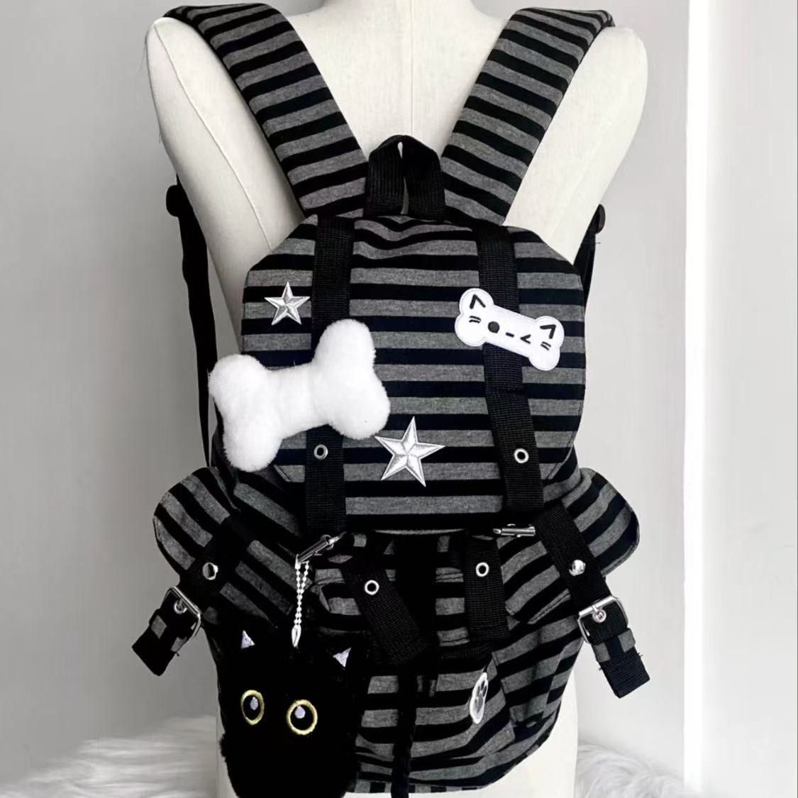 Yabi Bone Cat Claw Kitten-Style Retro Japanese-Style Striped Backpack