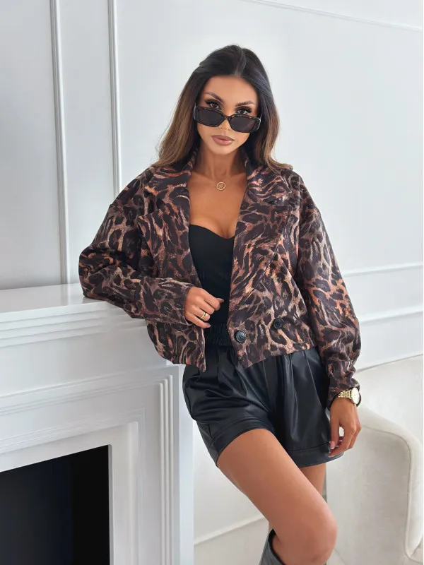 Long Sleeve Short Leopard Print Blazer For Women - Brown