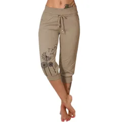 Casual Fashion Printing Loose High Waist Lace-up Cropped Pants - Camel - View 1