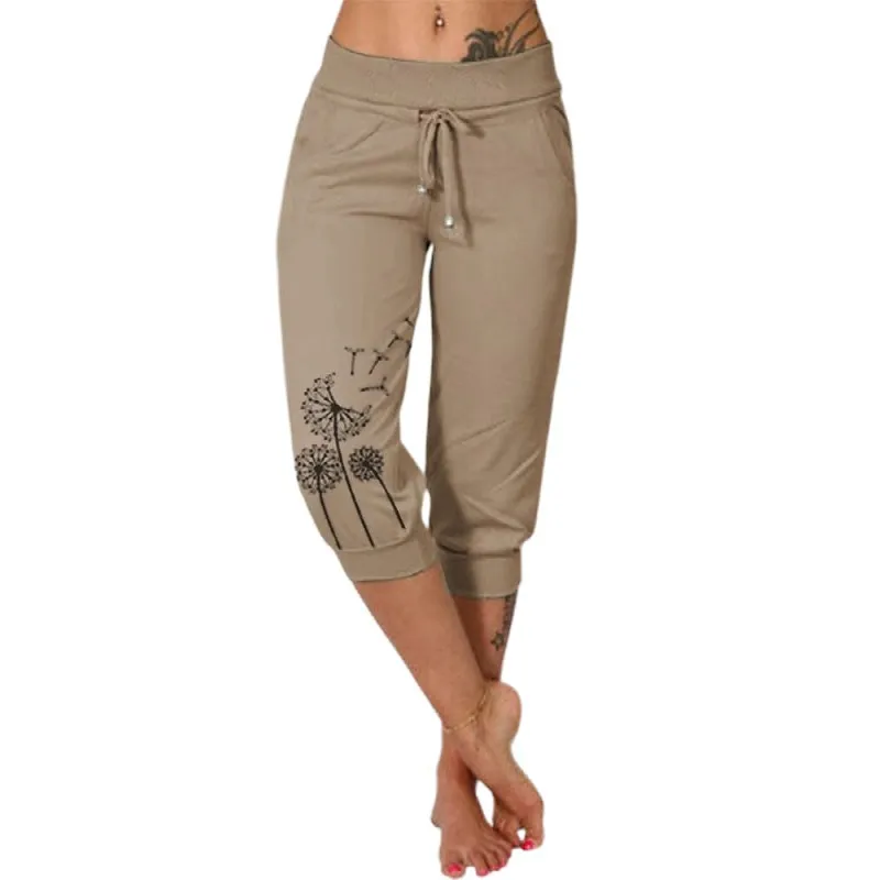 Casual Fashion Printing Loose High Waist Lace-up Cropped Pants - Camel