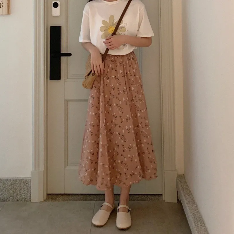 Floral New Fresh High Waist Slimming Korean-style Midi A- Line Skirt - Pink