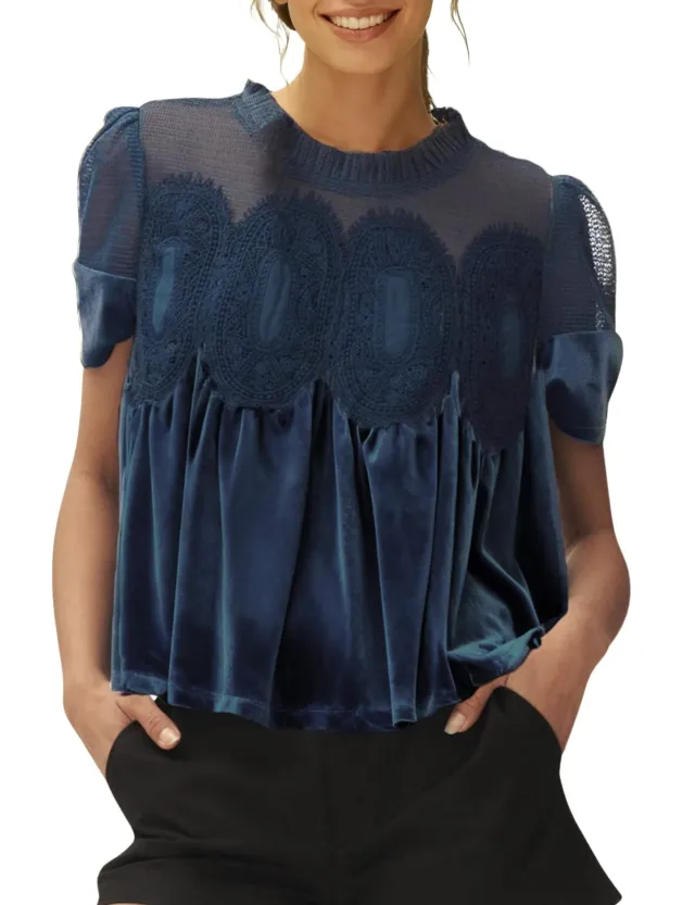 Women's Fashion Mesh Embroidered Crew Neck Pullover Solid Color Top Blue - Shop at LoveMi