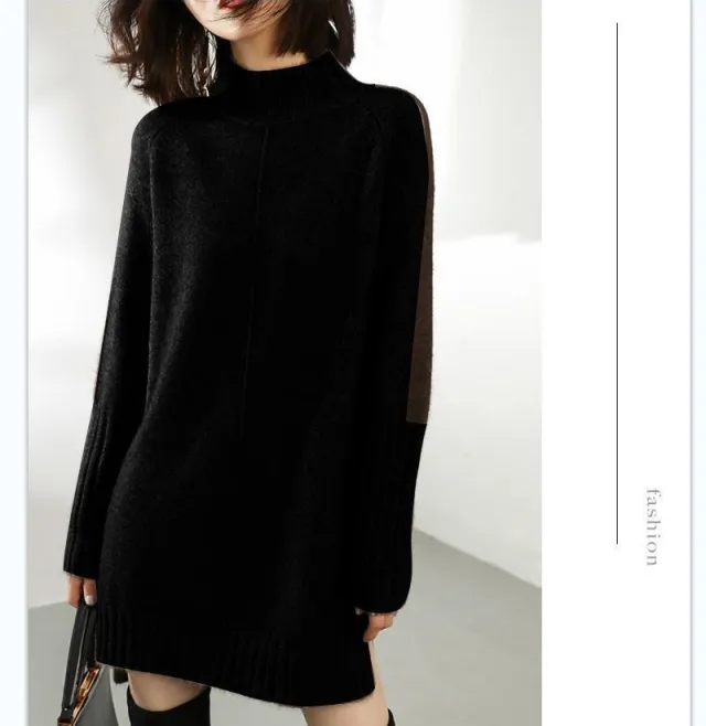 Women's Autumn Half Turtleneck Color matching Dress Sweater Black - Shop at LoveMi