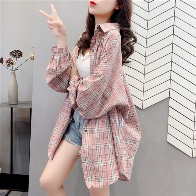 Women's Spring And Summer Plaid Shirt Coat Pink - Shop at LoveMi