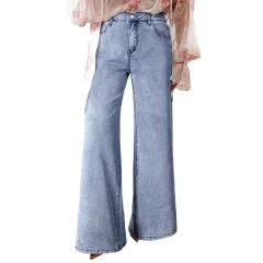 Women's High Waist Casual Loose Solid Color Jeans - Light Blue - View 1