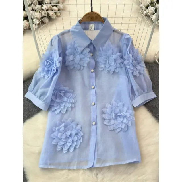 French Minority Unique Chic Shirt Three dimensional Flower Puff Sleeve Versatile Top Light Blue - Shop at LoveMi