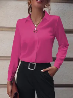 Commuter V-neck Long-sleeved Shirts Ins Fashion Solid Colour Pullover Top Autumn And Spring Women's Clothing - Rose - View 1