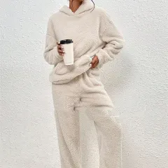 Fleece-lined Hooded Long Sleeve Dimensional Patch Pocket Casual Trousers Solid Color Suit - Apricot - View 1