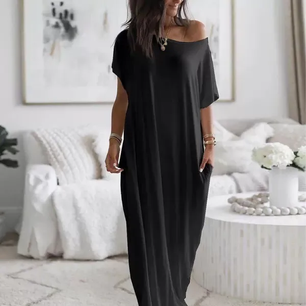 Women's Solid Color Short Sleeve And Long Pattern Casual Dress Black - Shop at LoveMi