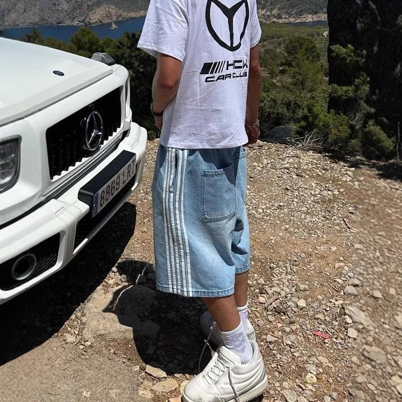 Hip Hop Striped Embroidery Baggy Denim Shorts