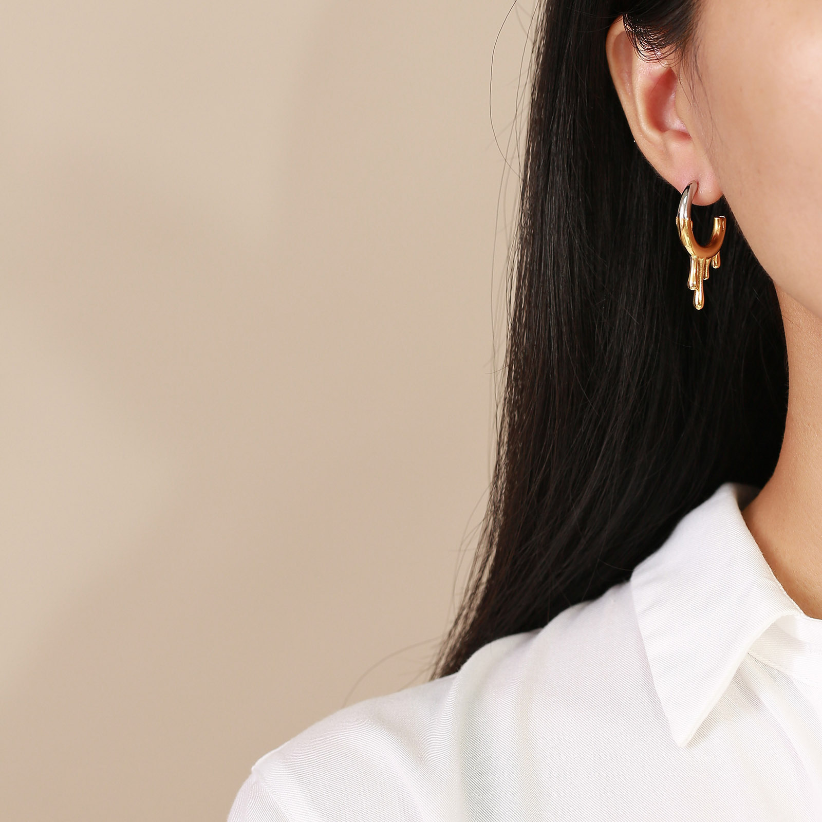 Irregular Stainless Steel Flowing Water Drop C- Shaped Earrings