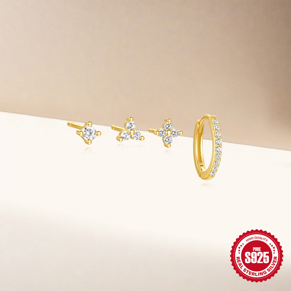 S925 Sterling Silver Exquisite Four-leaf Flower Ear Earrings Suit