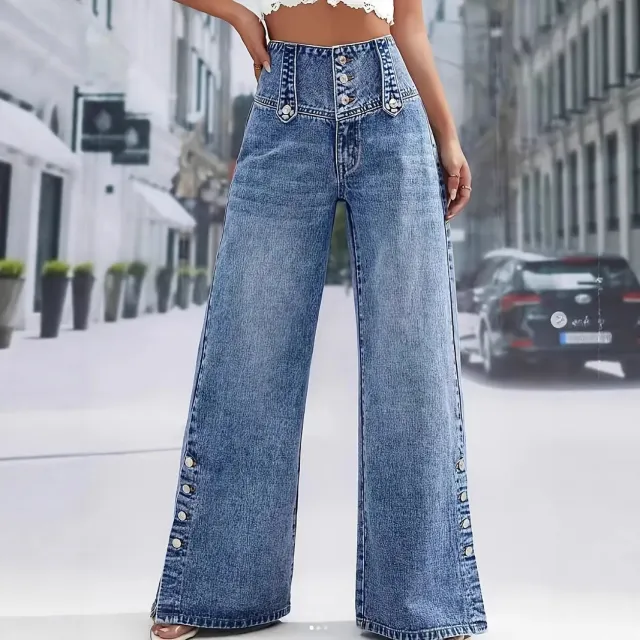 Women's High Waisted Retro Button Denim Wide Leg Pants Blue - Shop at LoveMi