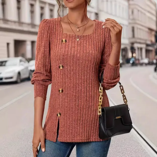 Square Collar Sunken Stripe Brushed Button Top Women Brick Red - Shop at LoveMi