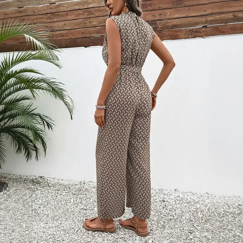 European And American Leisure Jumpsuit Cross-border Lace-up Sleeveless Geometric Print One-piece Trousers