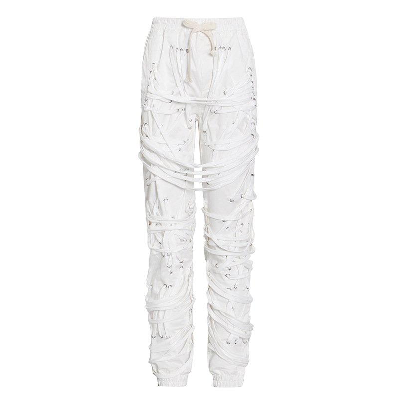 European And American Style New Dark Fashion Temperament Leisure Three-dimensional Bandage Design Elastic Waist Ankle-tied Casual Trousers