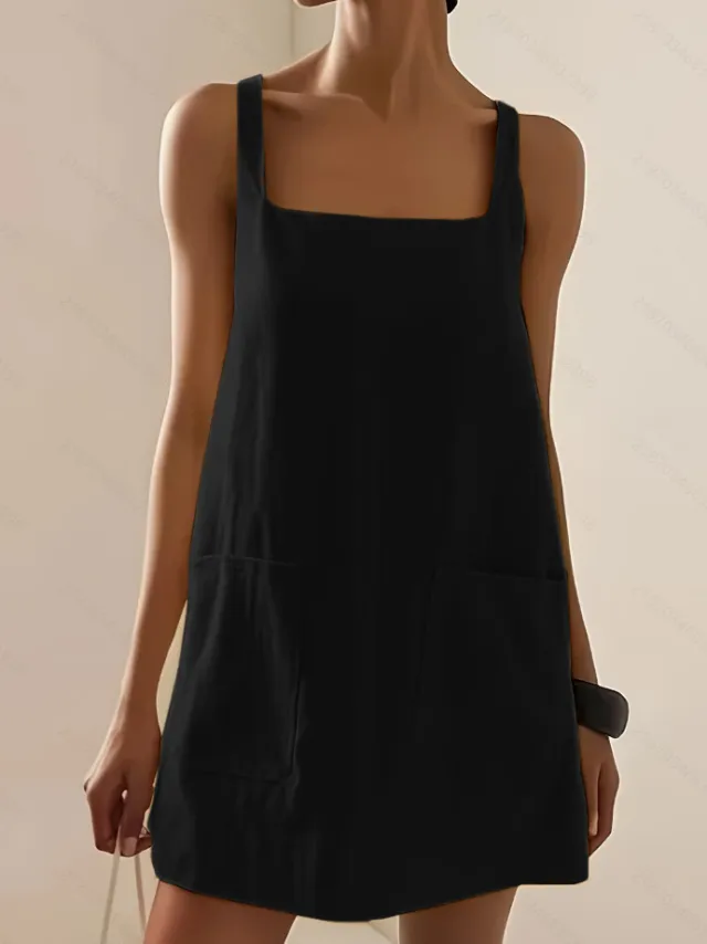 Stylish Versatile Loose fitting Solid color Slip Dress With Pockets Black - Shop at LoveMi