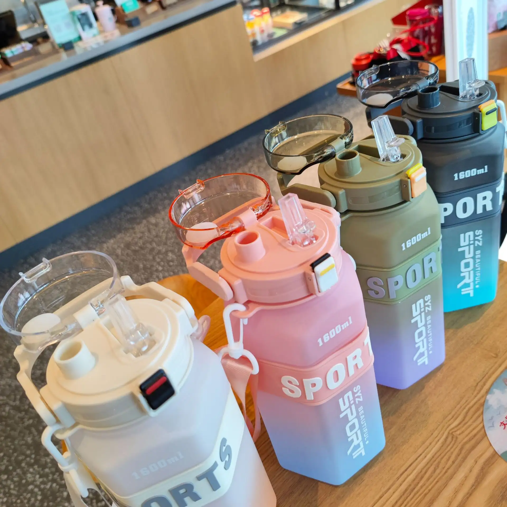 Gradient Plastic Double Drinking Cup Portable Lanyard Strap Hexagon