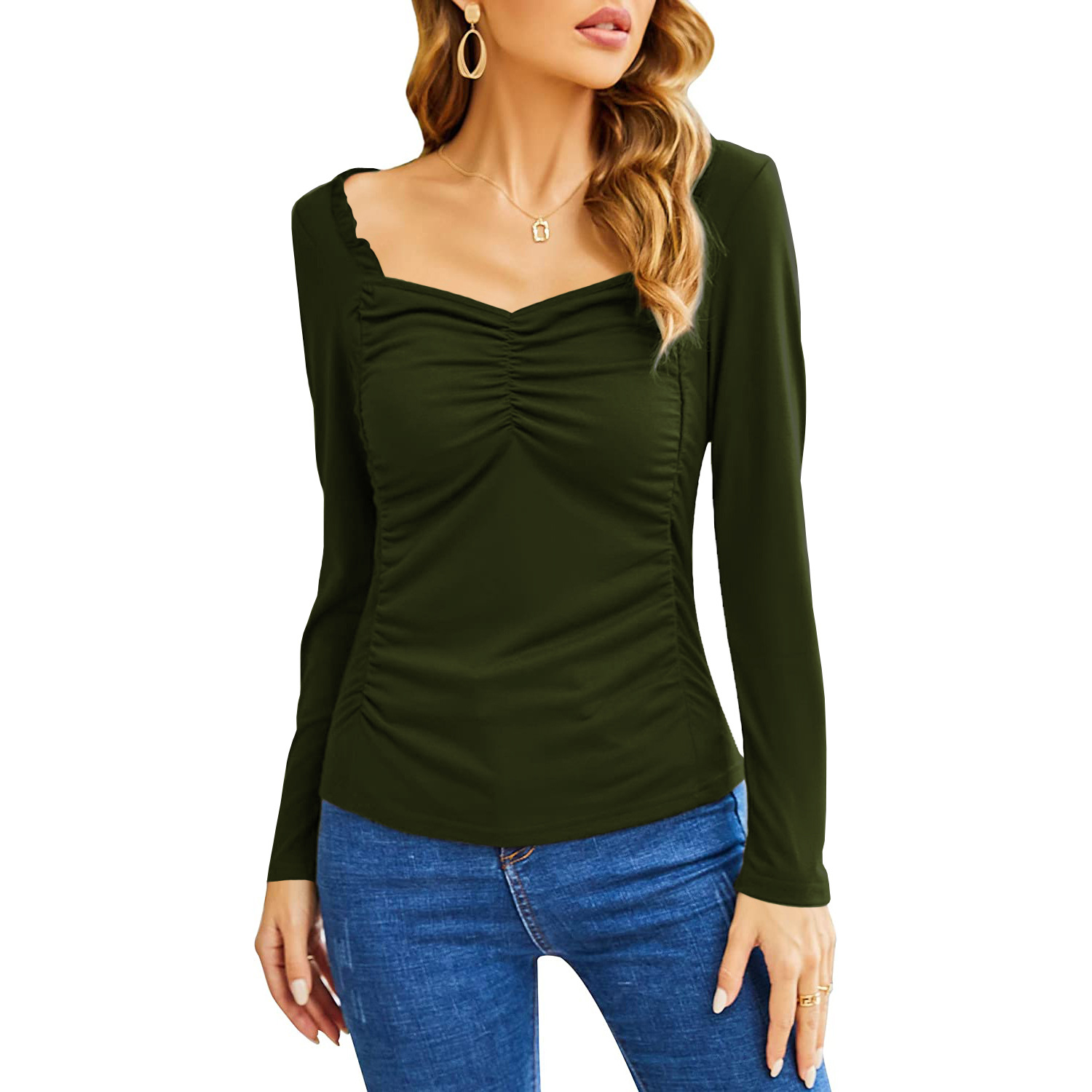 Women's Fashion Casual Square Collar Pleated Slim-fit Long Sleeve