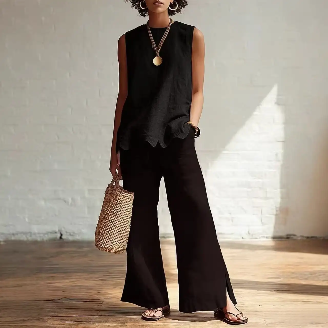Crew-neck Sleeveless Shirt With A Wave Hem