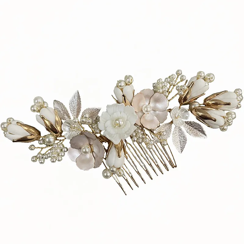 Wedding Bride Pastoral Ceramic Flower Headwear Comb Accessories - Gold