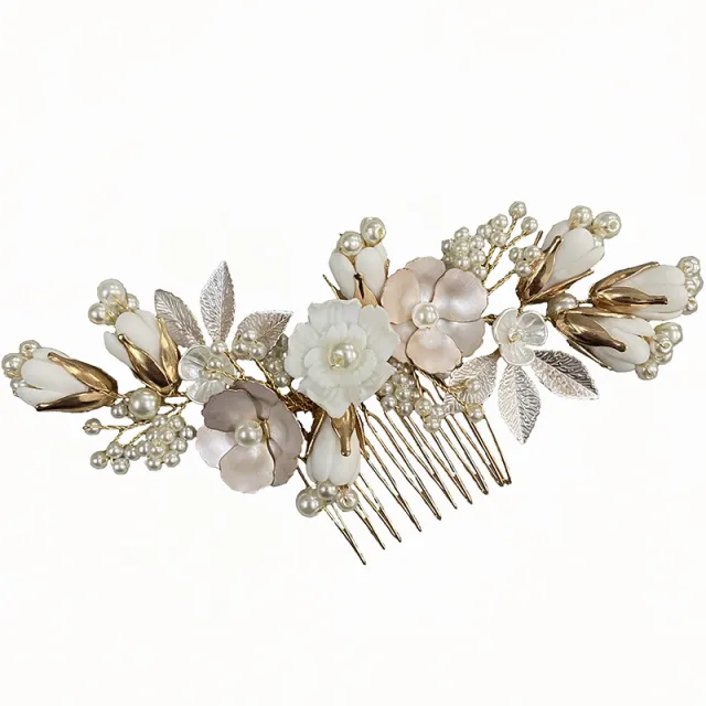Wedding Bride Pastoral Ceramic Flower Headwear Comb Accessories Gold - Shop at LoveMi