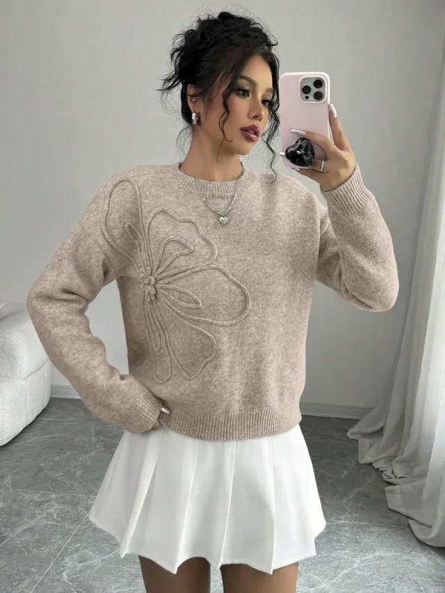 Fashionable All match Casual Flower Round Neck Sweater Women's Sweater Khaki - Shop at LoveMi