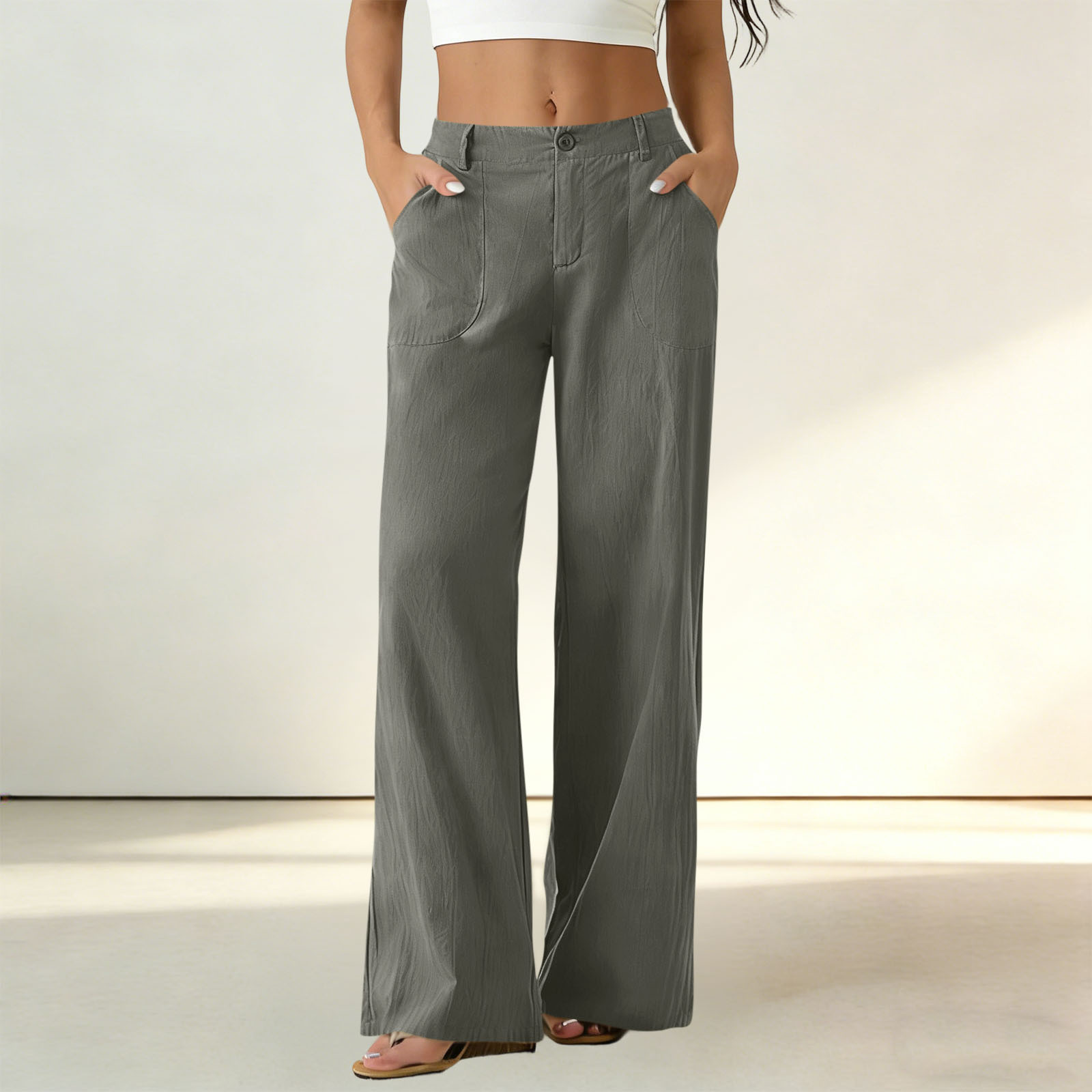 Womens Formal Suit Pants Elastic Waistband Patch Pockets Solid Color