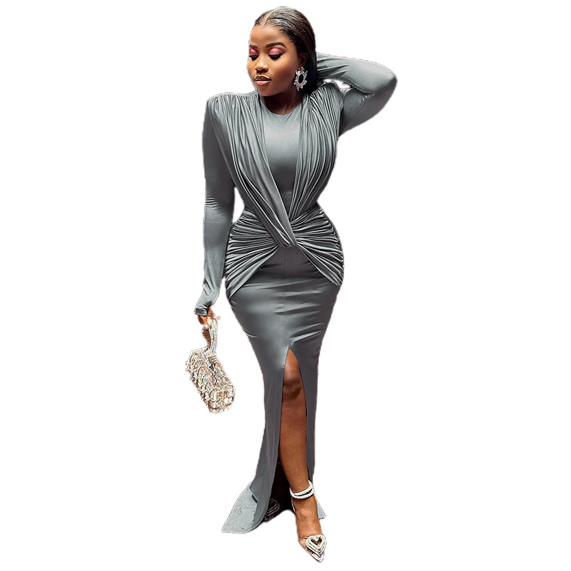 Round Neck Long Sleeve Slim Fit Slit Design Sense Dress