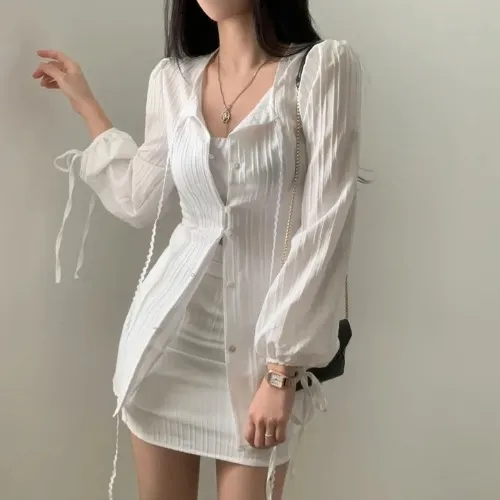French Minority Design Waist tight Sunscreen Lace up Long Sleeve Shirt Slimming Skirt Suit White - Shop at LoveMi