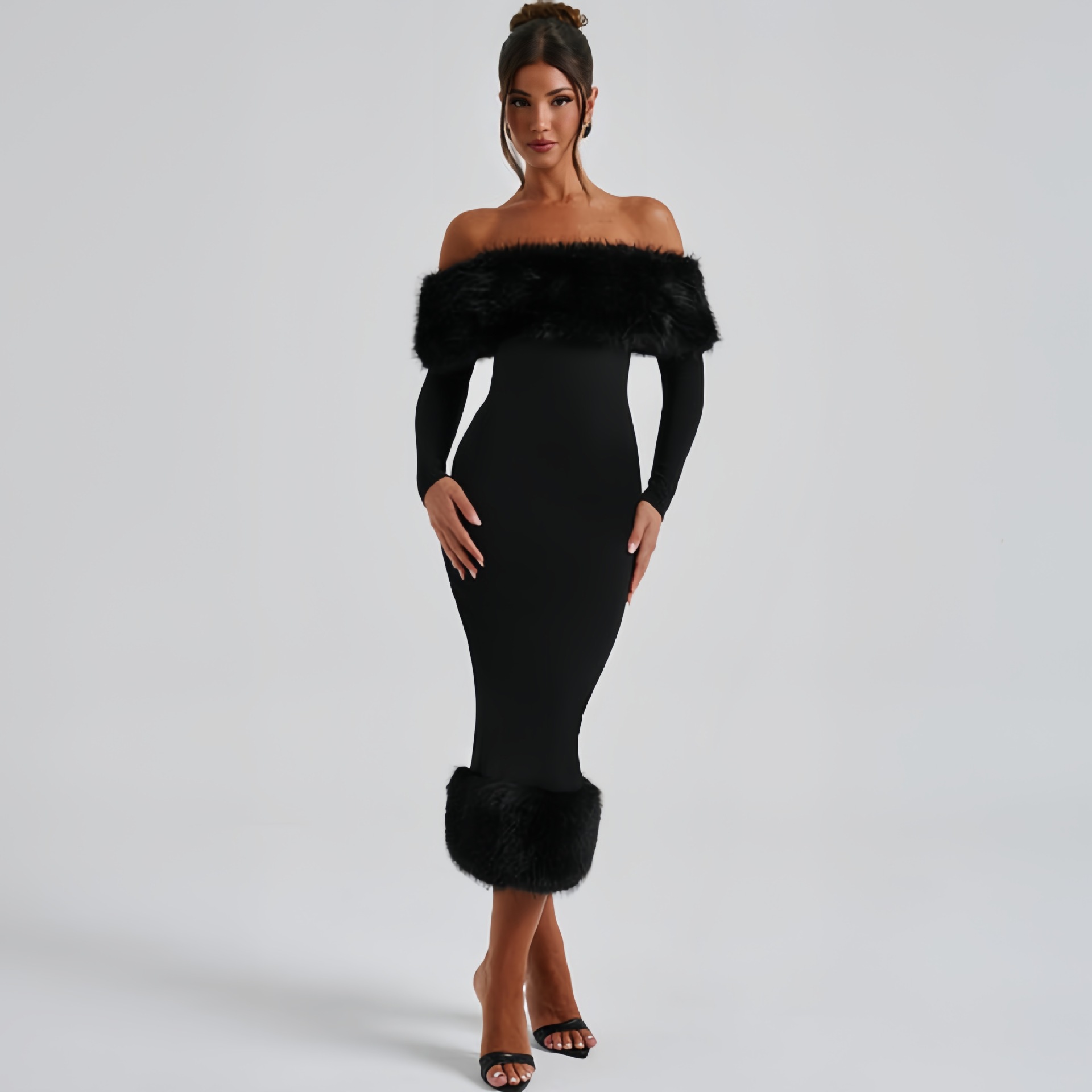 Fur Collar Off-the-Shoulder Long Sleeve Elegant Slim Fit Dress