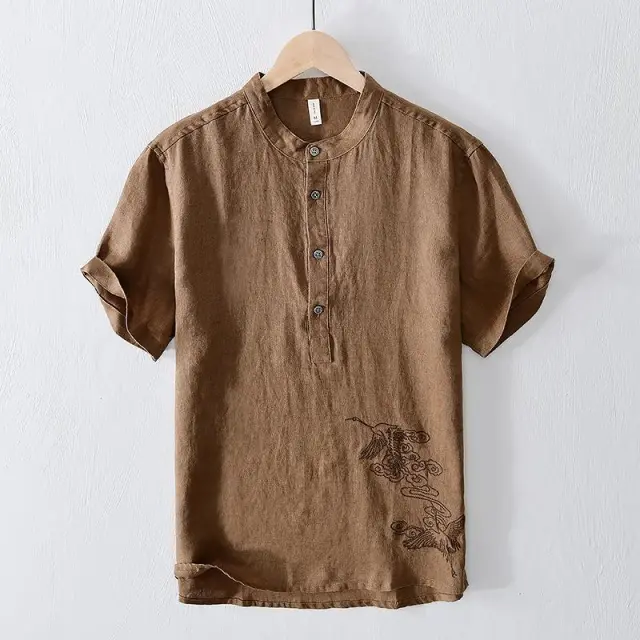 National Men's Embroidered Breathable Solid Color Short Sleeve Coffee - Shop at LoveMi
