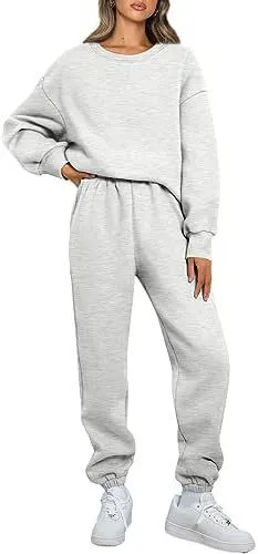 Round Neck Pullover Casual Long Sleeve Sweater Suit Light Gray - Shop at LoveMi