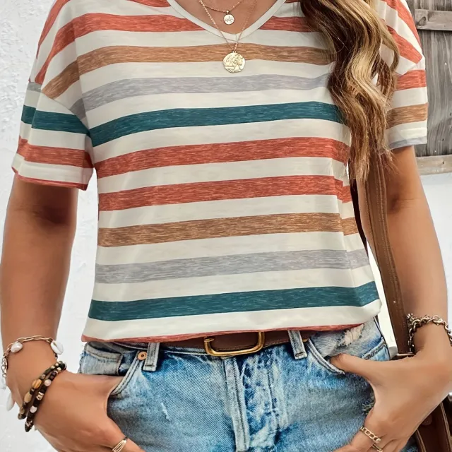 Casual Top Fashion Trend Stripes Short Sleeve Women V neck Wb14Rq250228Y042 L - Shop at LoveMi