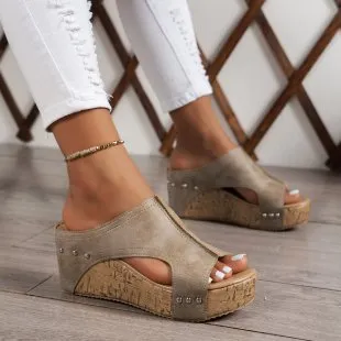 Wedge Sandals Popular Summer New Round Head Thick Bottom Roman Sandals Beige - Shop at LoveMi