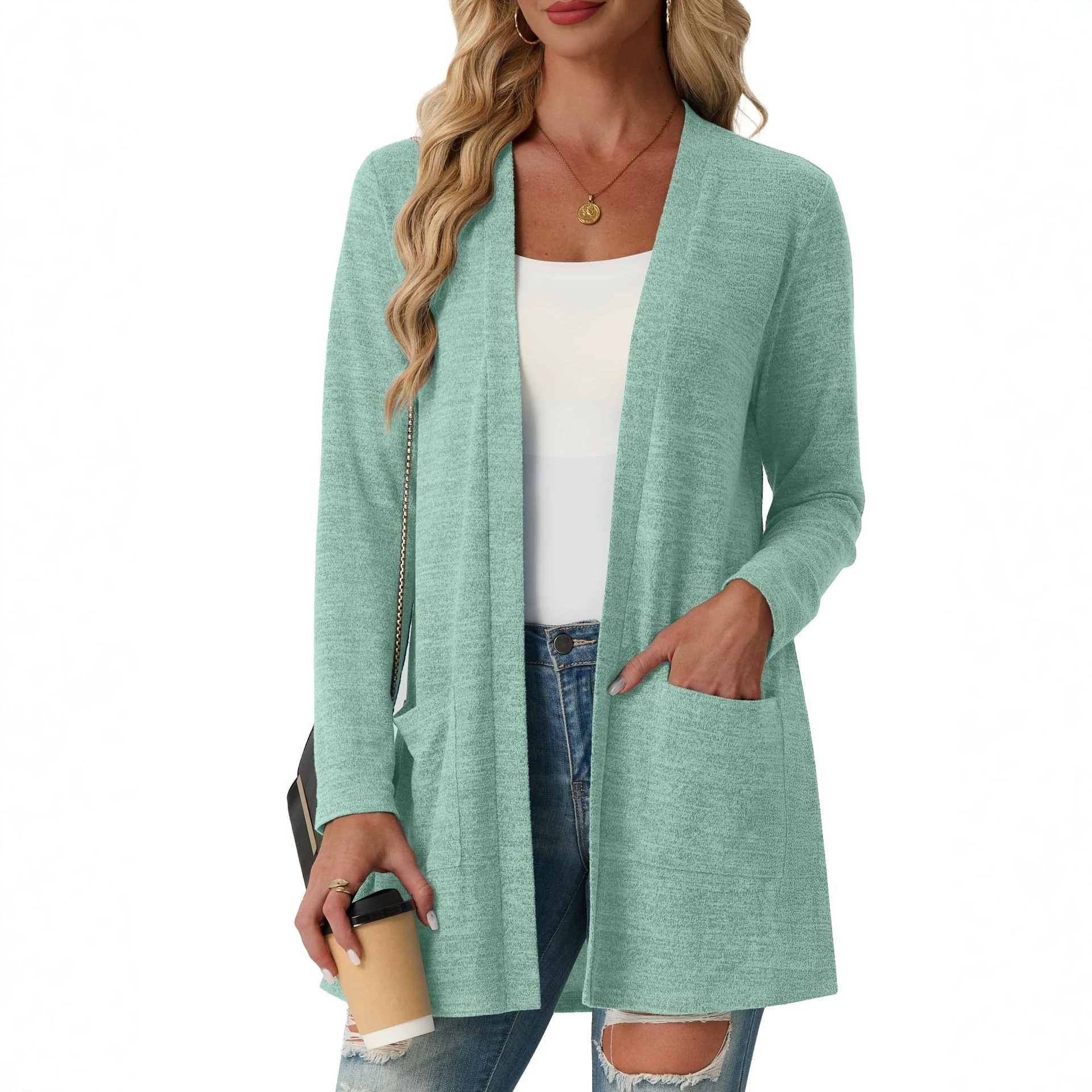 Solid-color Coat With Patch Pockets Long-sleeve Knit Top