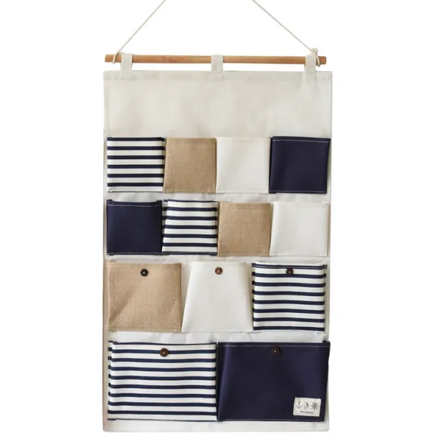 Cotton And Linen Fabric 13 pocket Striped Stitching Hanging Storage Bag Blue - Shop at LoveMi