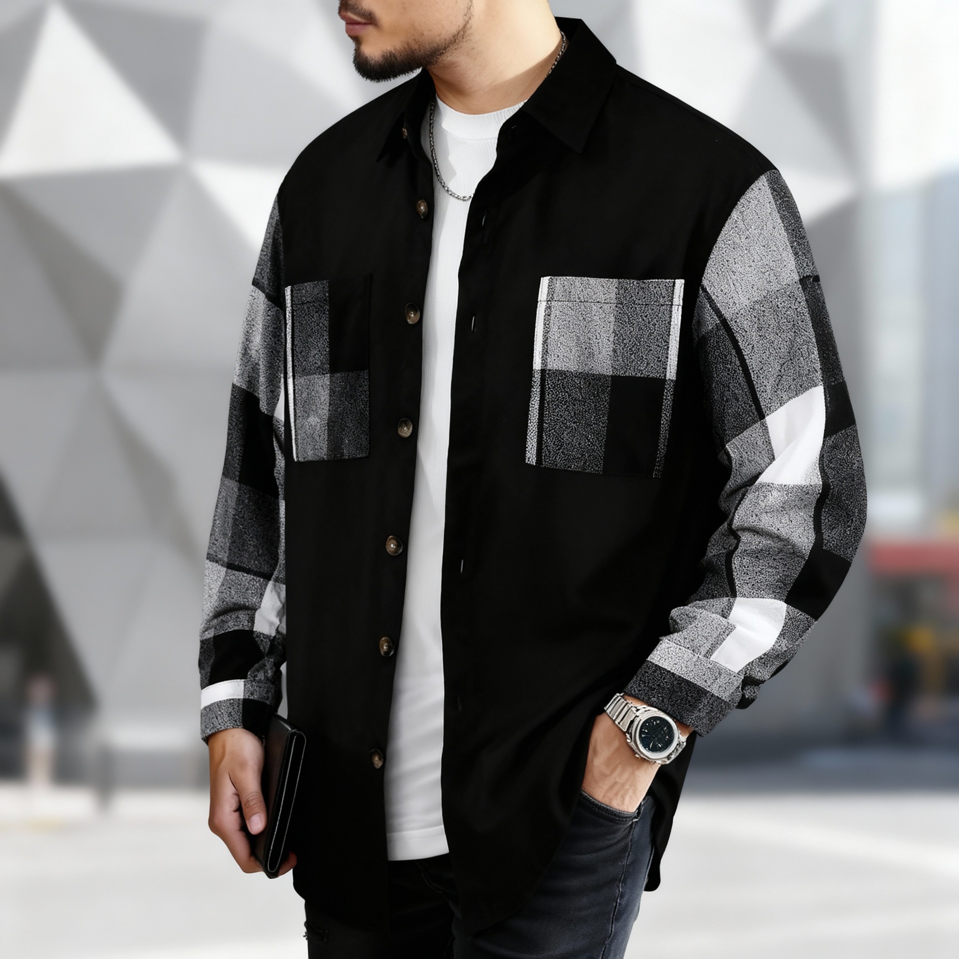 Mens European And American-style Long-sleeve Patchwork Plaid Shirt