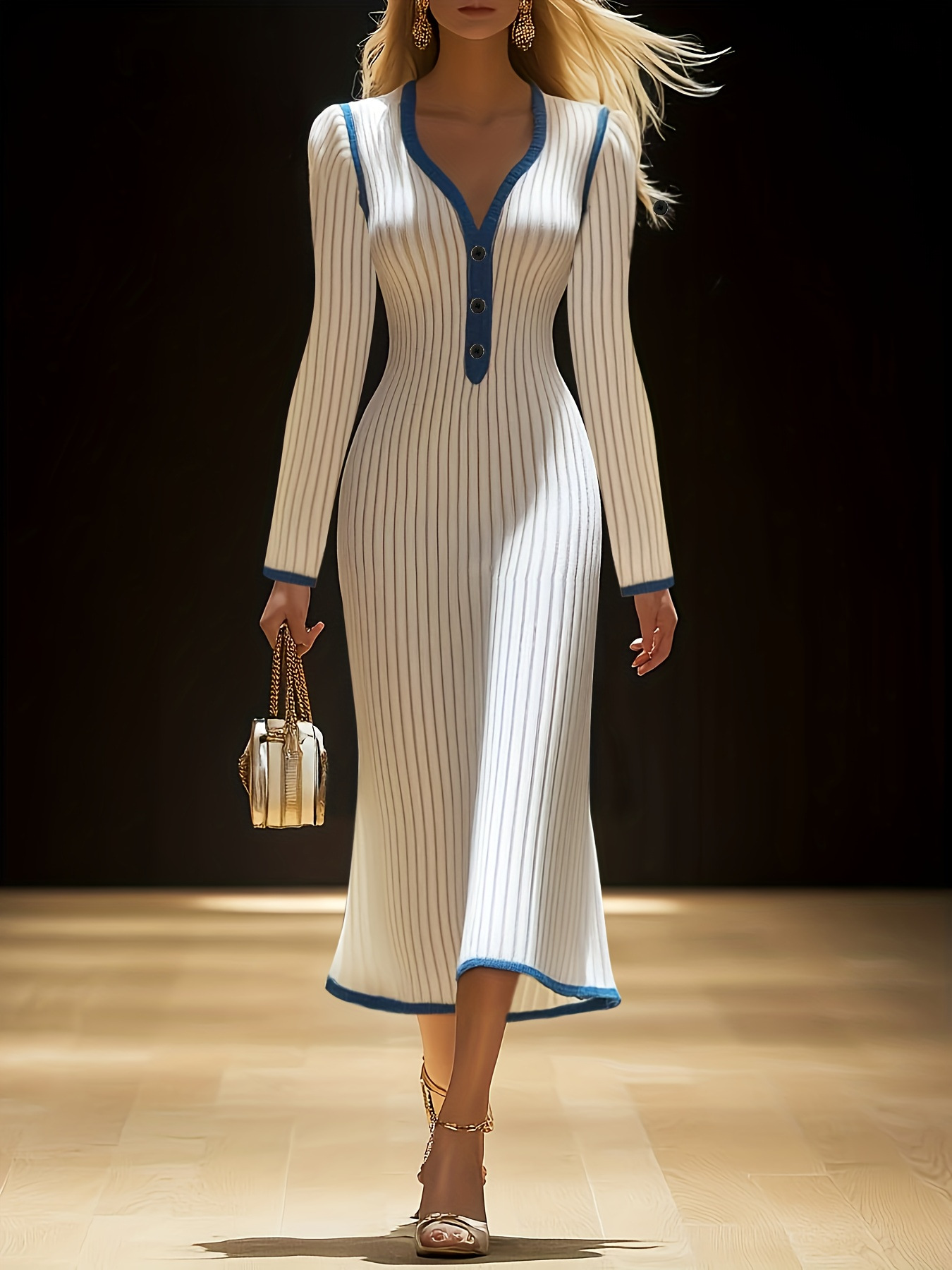 Elegant Long sleeve Contrast Color Knit Dress With V neck White - Shop at LoveMi