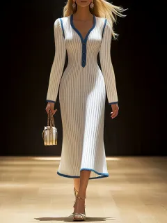 Elegant Long-sleeve Contrast Colour Knit Dress With V-neck - White - View 1