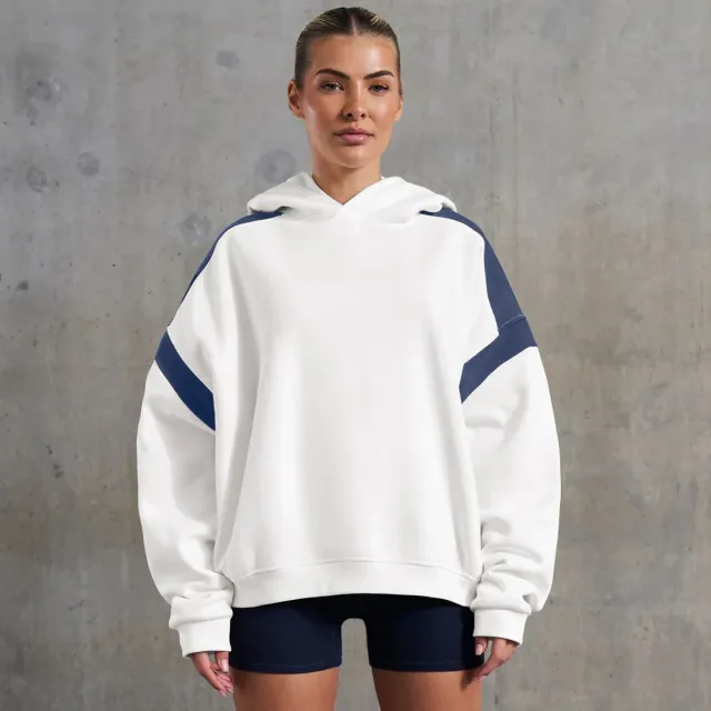 Contrast Color Drop Shoulder Women's Hooded Sweater Beige - Shop at LoveMi